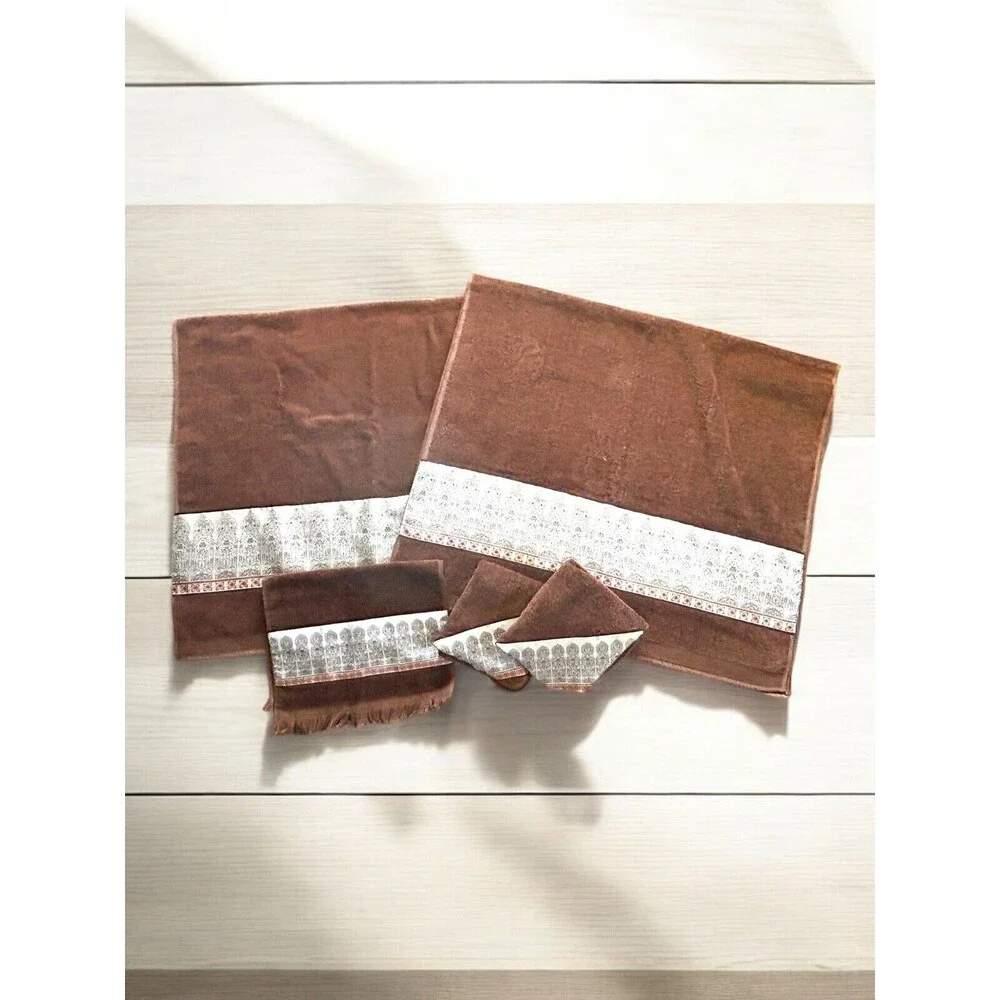 VTG Martex Zodiac 2 Bath & Washcloth 1 Hand Towel Brown w Moroccan Satin Border